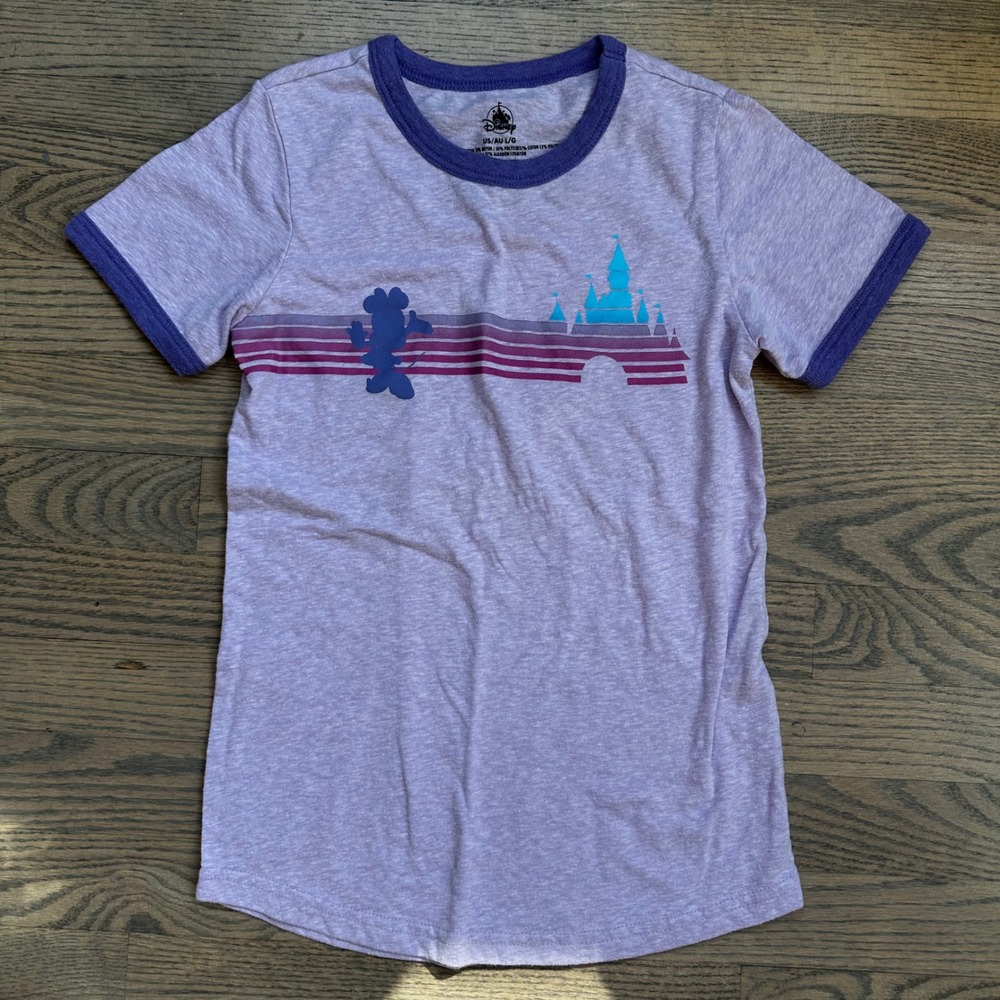 Disney Sleeping Beauty Castle Purple Graphic Tee Ringer T-Shirt Kids Size L